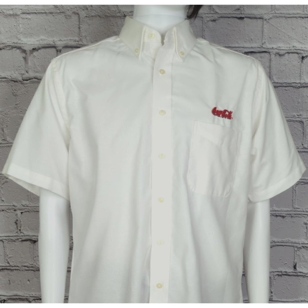 Coca Cola White Cotton Oxford Button Down Short Sleeve Employe Shirt, Men's 16.5